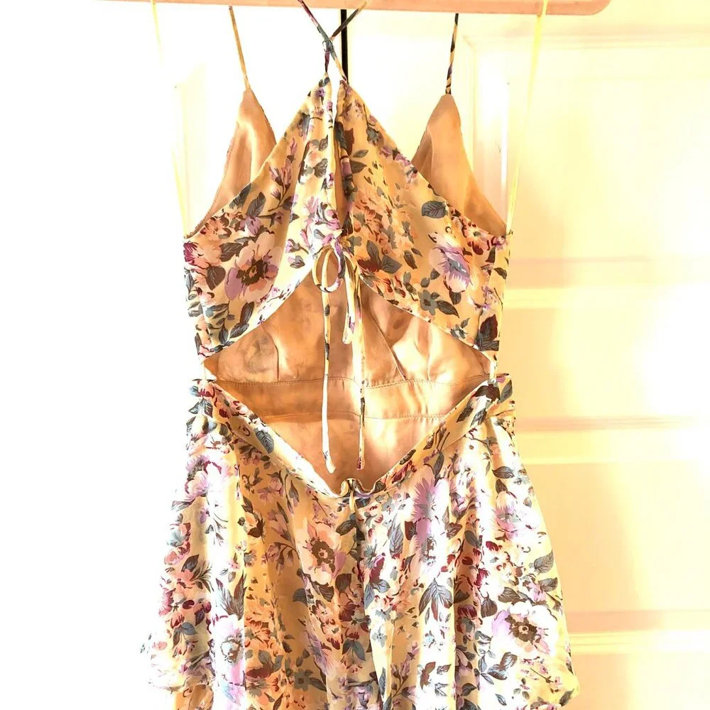 NWT ASTR the Label Rosana Chiffon Ruffle Tiers Maxi Dress Yellow Purple Floral S